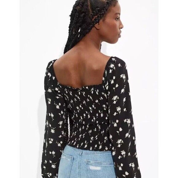 American Eagle Peasant Blouse Elastic Body Blk/Floral Print, Long Sleeve, Sz M - Picture 2 of 10